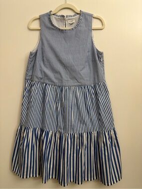 J.Crew Blue White Striped Tiered Dress Sleeveless Pockets Size 6